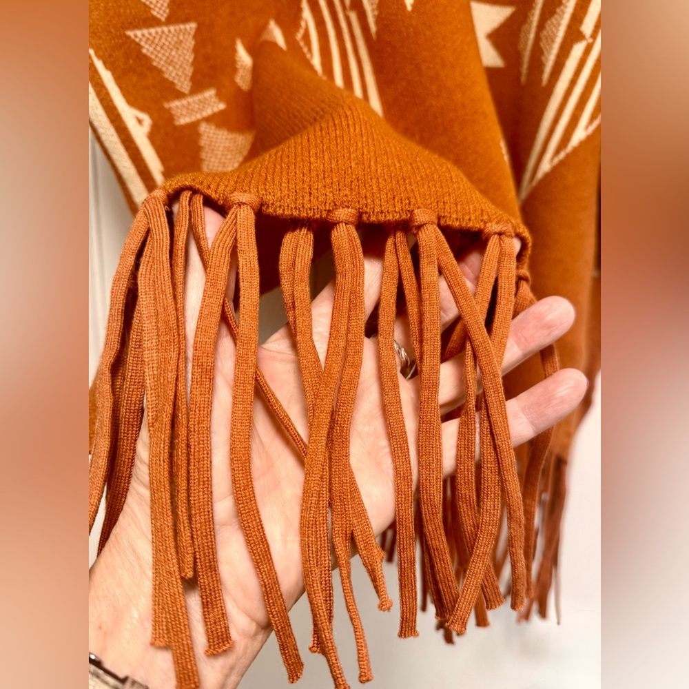Geometric Patterned Poncho with Fringe - Picture 2 of 8